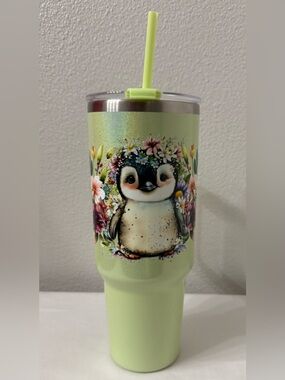 40 oz Stainless Travel Tumbler - Cute Penguin, Light Green